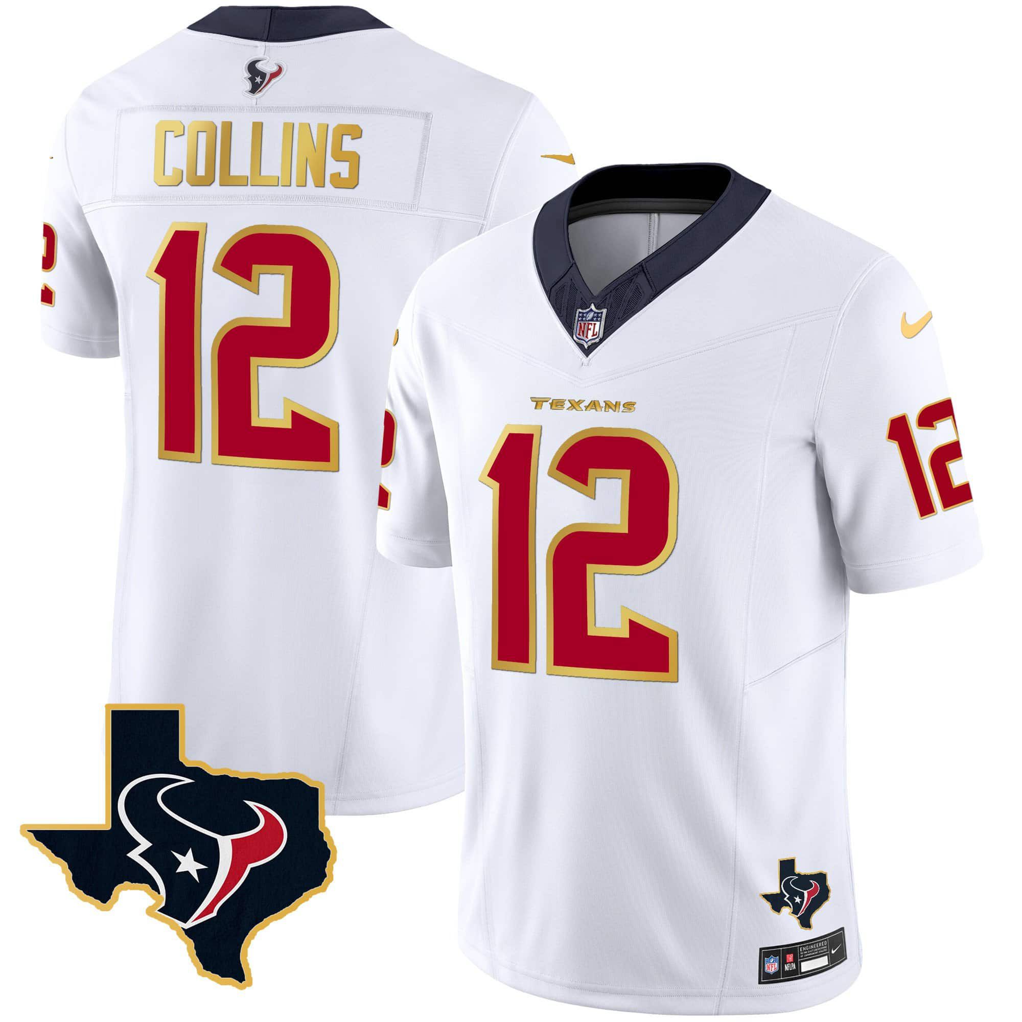 Men Houston Texans #12 Collins White Gold 2024 Nike Trim Vapor NFL Jersey